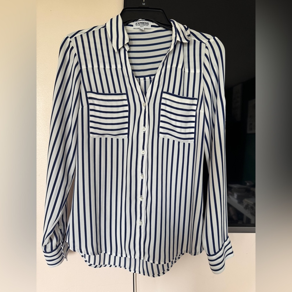 Express White and Navy Vertical-Striped Button-Down Blouse